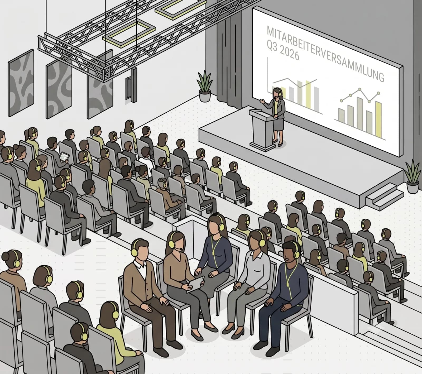 Illustrated international team following an internal broadcast in their own language.