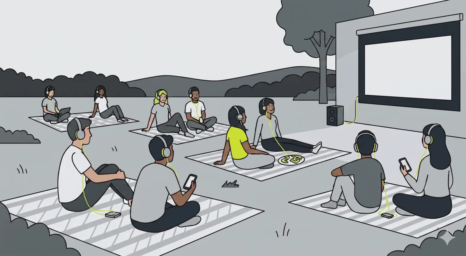Illustrated silent-conferencing audience listening on headphones at a live event.