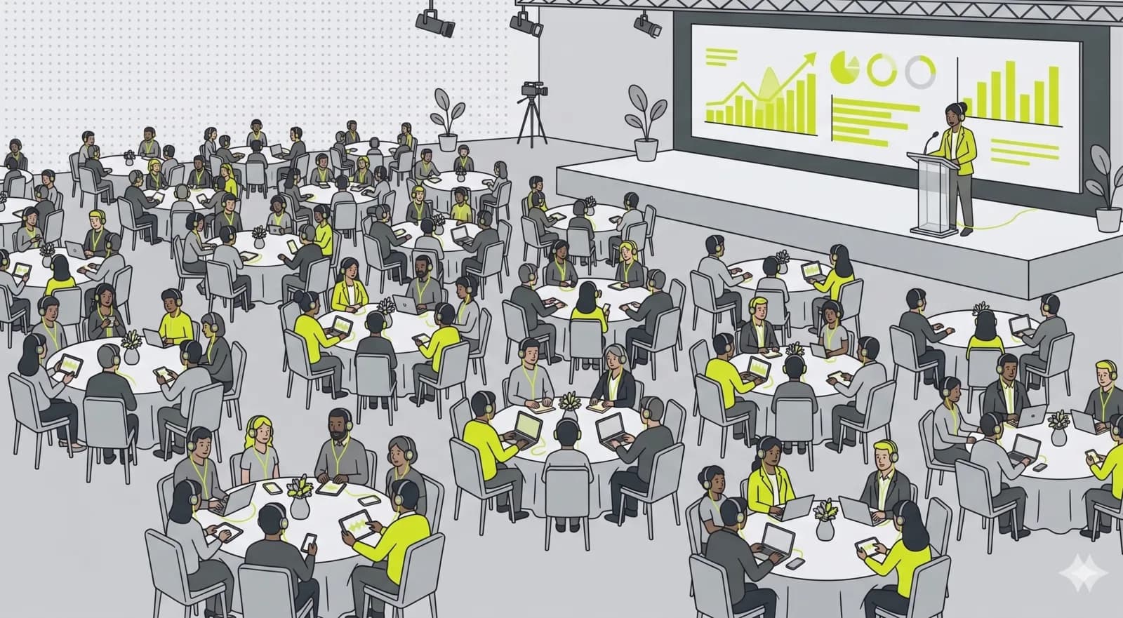 Illustrated company all-hands where employees listen on their phones instead of a video call.