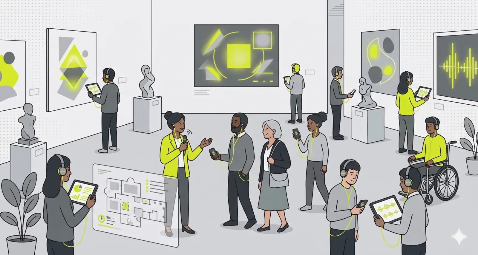 Illustrated museum visitors listening to a guide on their phones and headphones in front of exhibits.