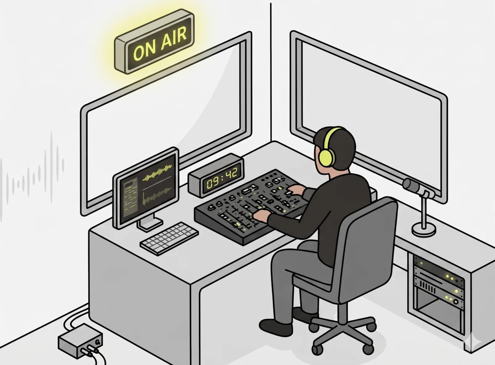 Illustrated community radio crew broadcasting a show from the browser to listeners.