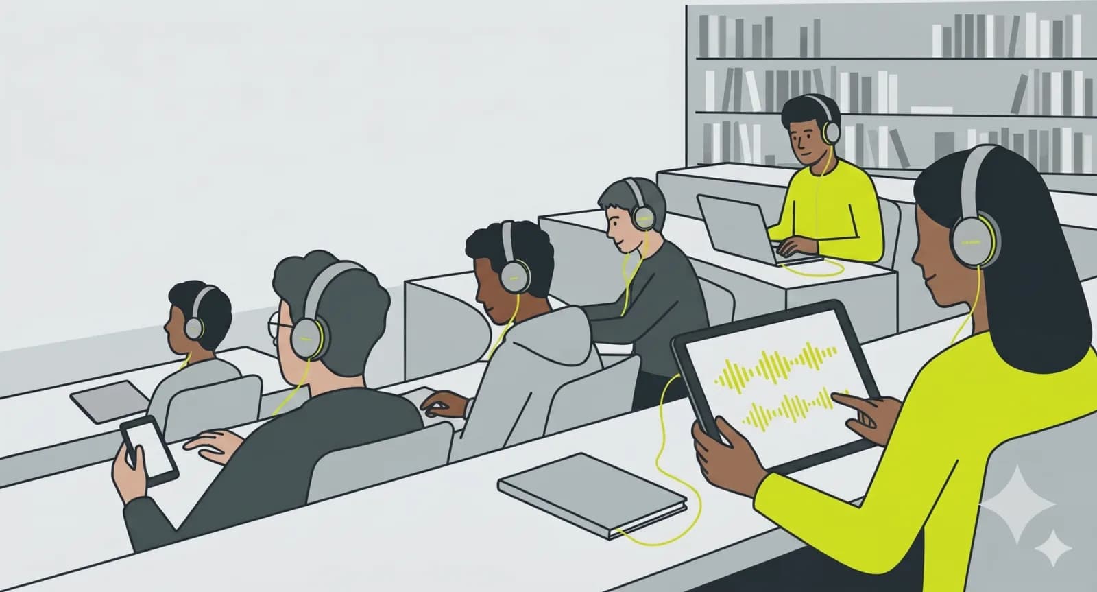 Illustrated lecture hall where students follow on their phones with live subtitles and translation.