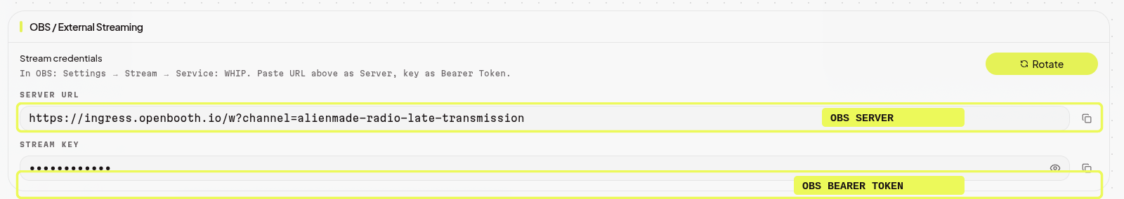Channel settings → OBS ingest: copy the Server URL and Stream Key here.