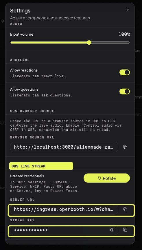 The same credentials live in the studio under Settings → OBS → Live Stream.