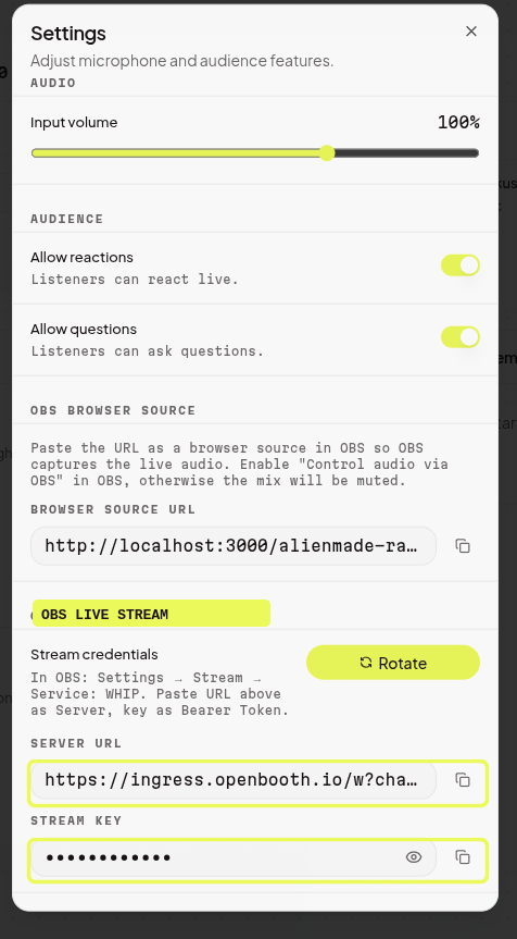 The same credentials live in the studio under Settings → OBS → Live Stream.