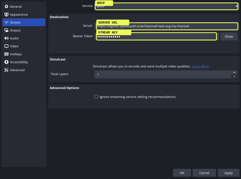 In OBS: pick service WHIP, paste the Server URL as Server and the key as Bearer Token.